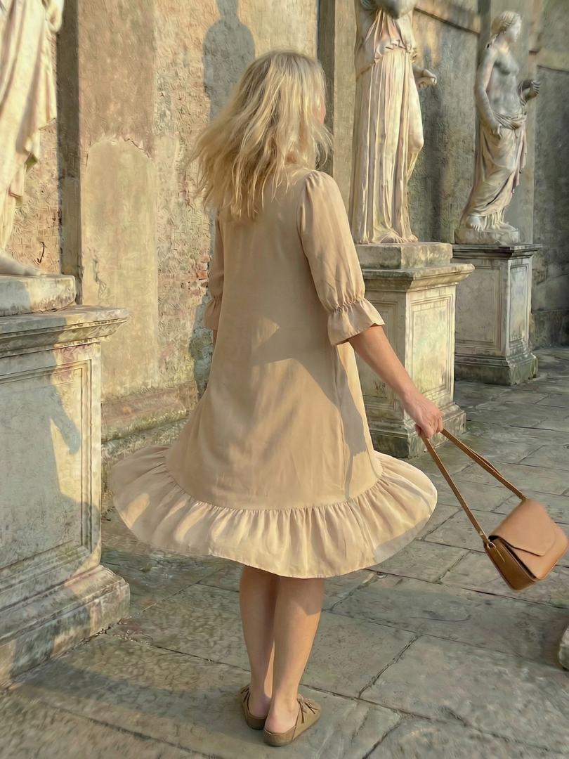 Women's Knee-Length Dress with Ruffle Cuff Detail – Saint Dor UK – draped view