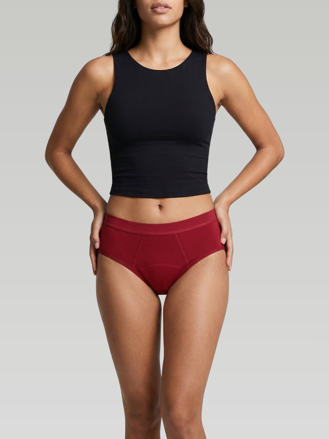 Period pants mid rise brief absorbent reusable Bordeaux red