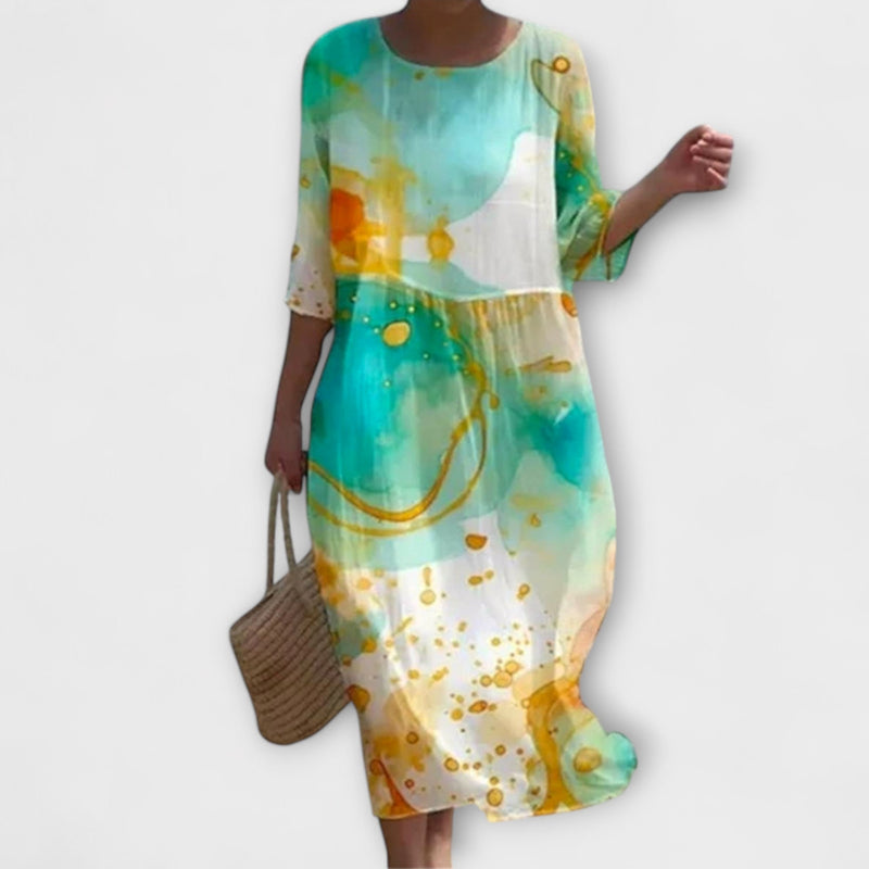 Women's Floral Embroidery Maxi Dress – Cotton Silk A-Line – side view