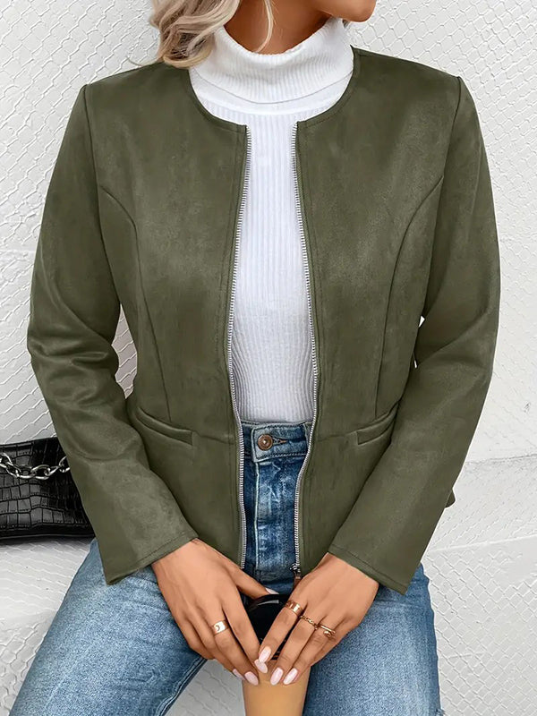 Collarless suede-look jacket with a zip front and welt pockets in army green