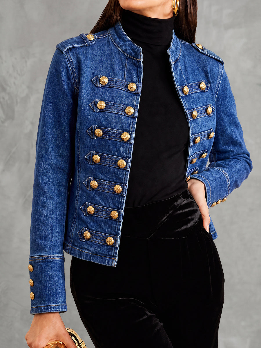 Short denim military jacket with two rows of gold-tone buttons in denim blue