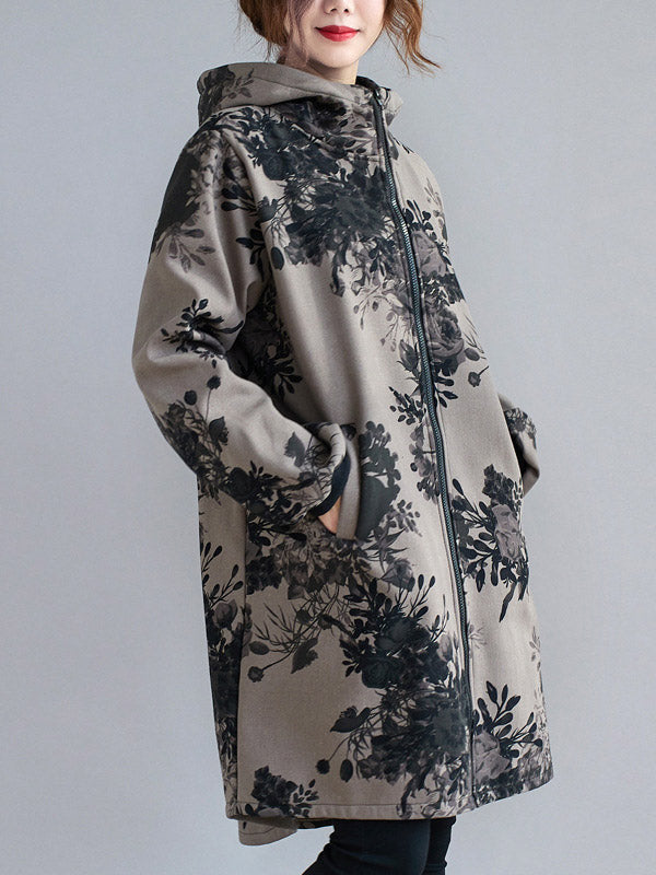 Grey hooded jacket printed with dark flowers and a full-length zip