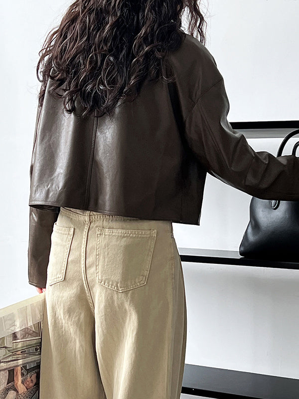 Boxy faux leather jacket with a wide shirt collar and zip front
