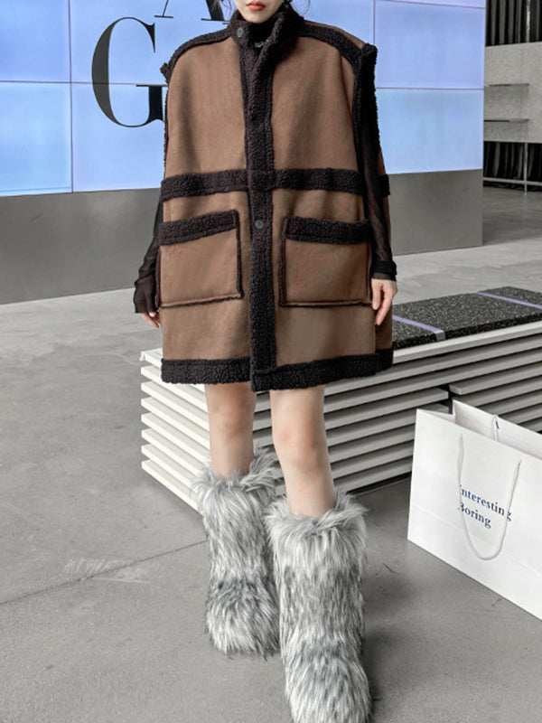 Sleeveless suede-look gilet with a dark faux shearling trim
