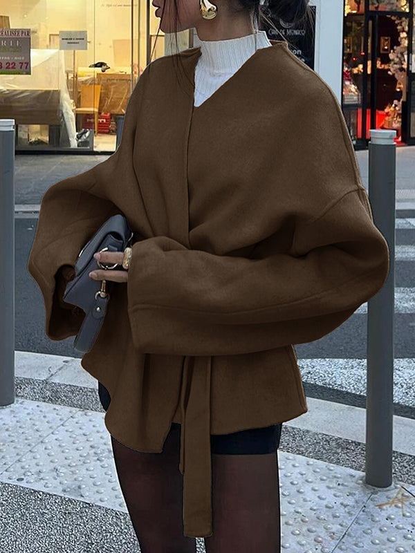 Short wrap coat with a deep V-neck and a self-tie belt in brown