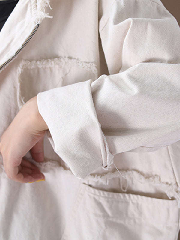 Oversized hooded jacket in washed cotton with frayed seams