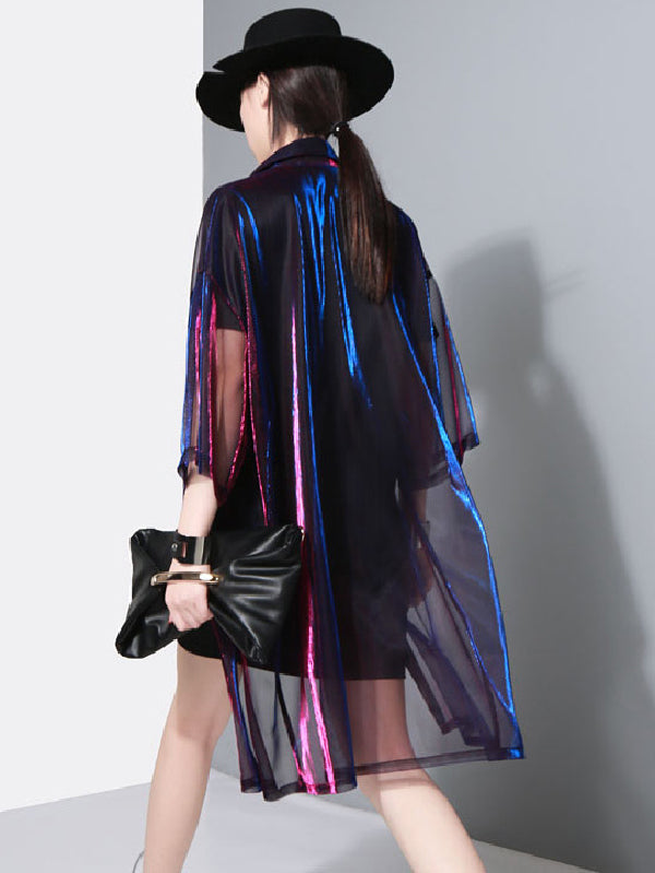 Oversized sheer overshirt with an iridescent finish and short sleeves