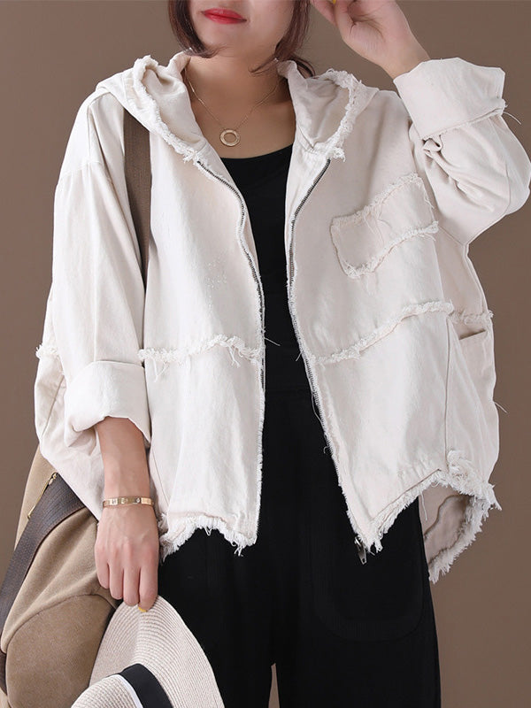 Oversized hooded jacket in washed cotton with frayed seams
