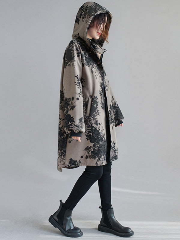 Grey hooded jacket printed with dark flowers and a full-length zip
