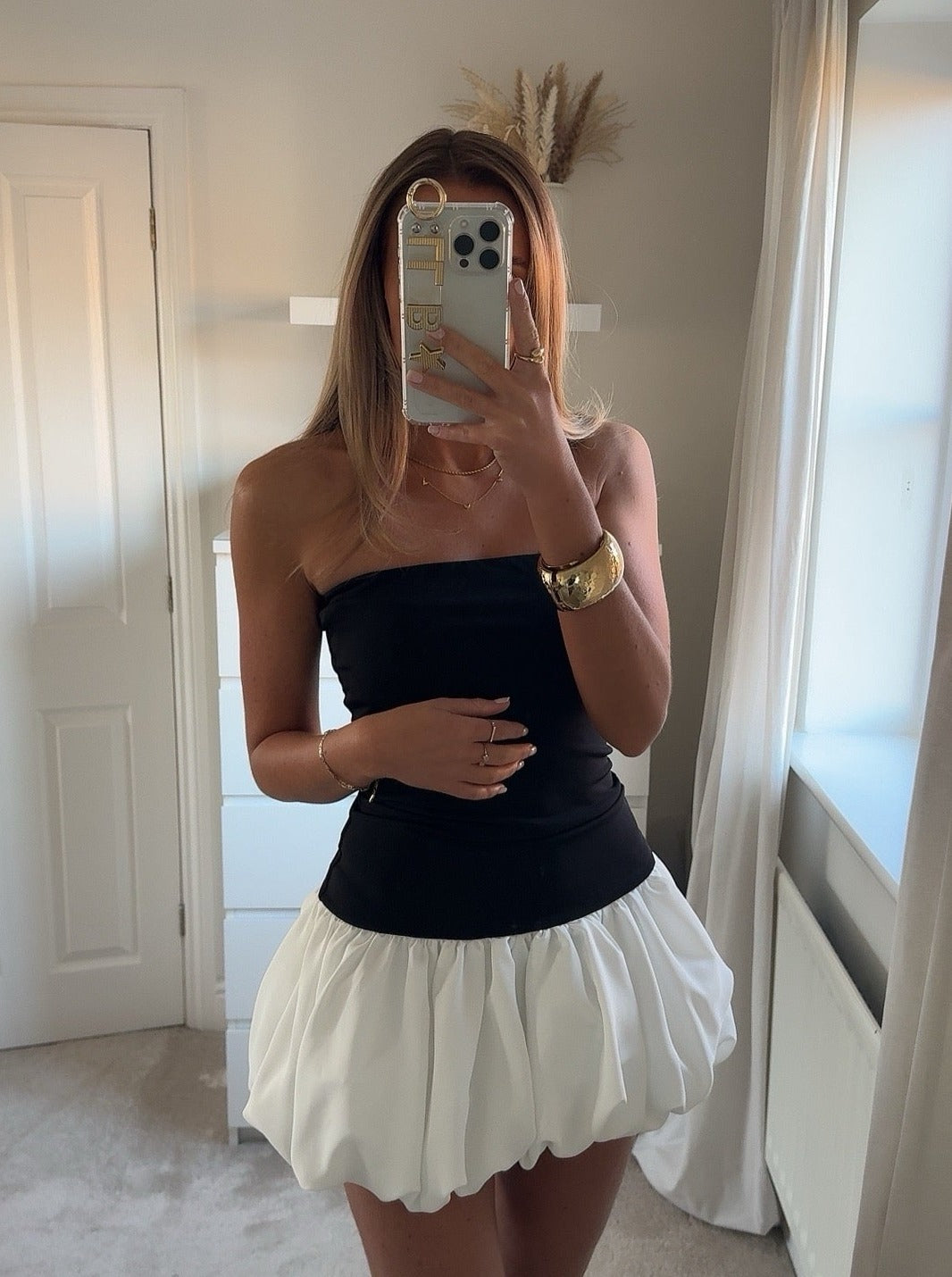 Women's Bubble Hem Bandeau Dress – Off-Shoulder Evening – lifestyle shot