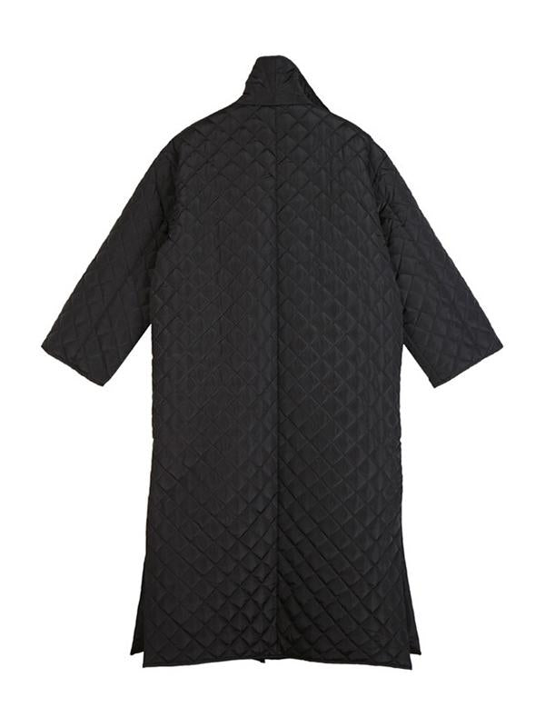Long black quilted wrap coat with a fold-over collar and ring-buckle belt