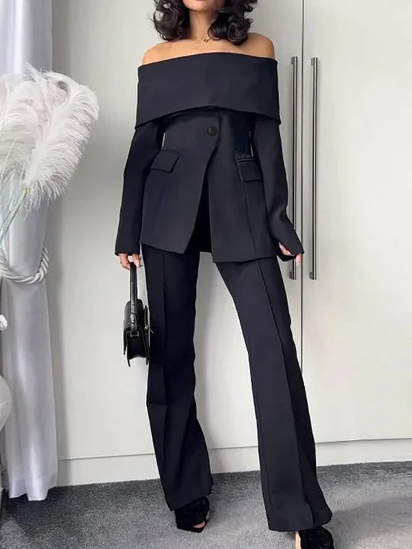 Black off-shoulder blazer with a wide fold-over bardot neckline