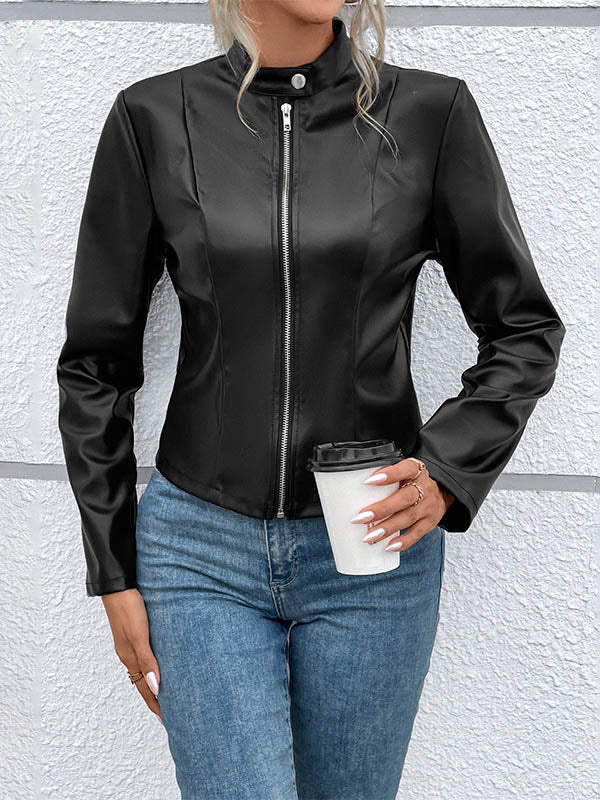 Fitted black faux leather jacket with a stand collar and zip front