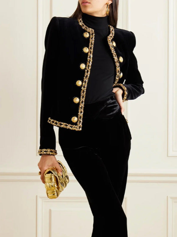 Short black velvet jacket with braid trim and gold-tone buttons