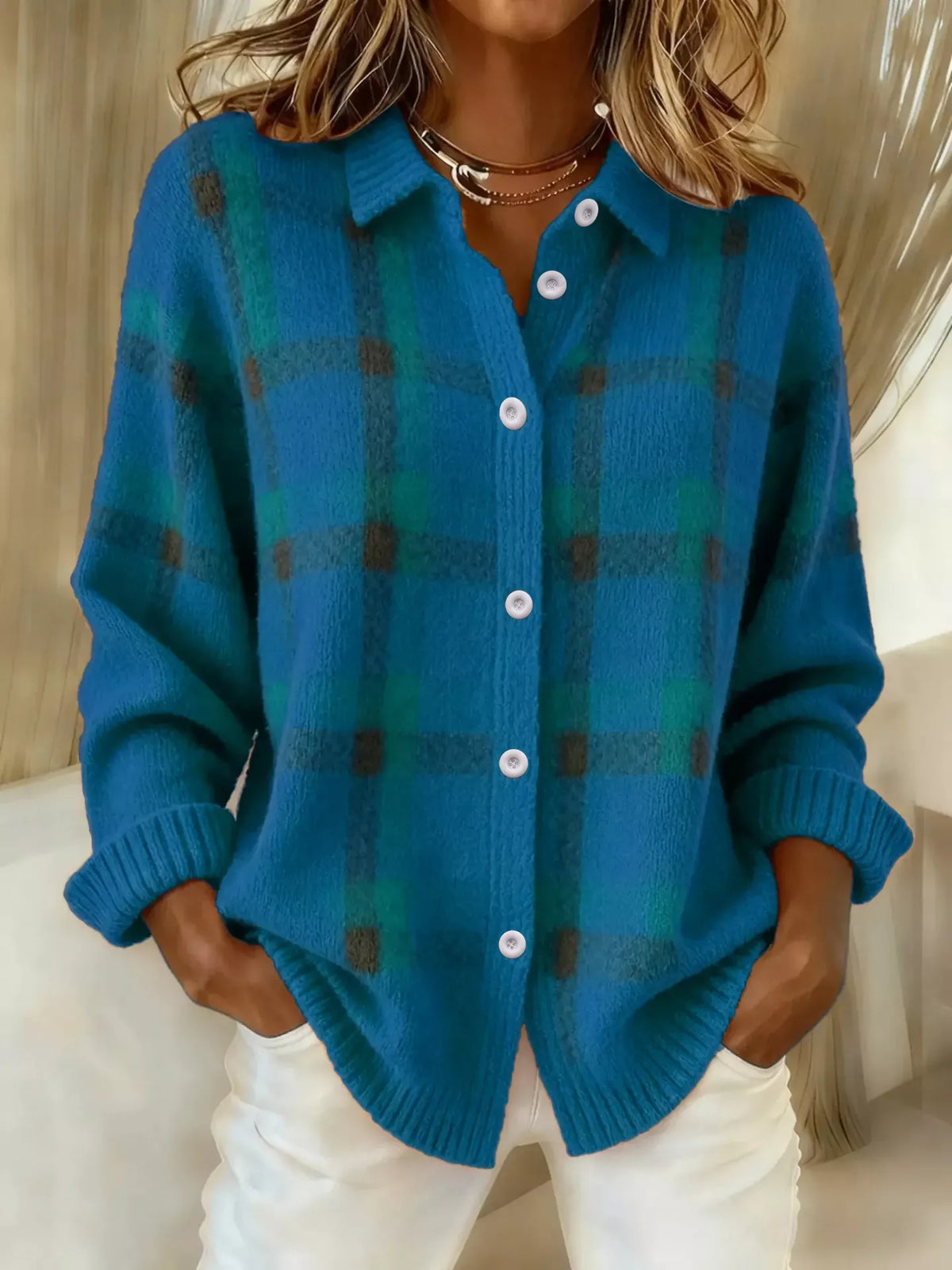 Women's check knit cardigan in Blue