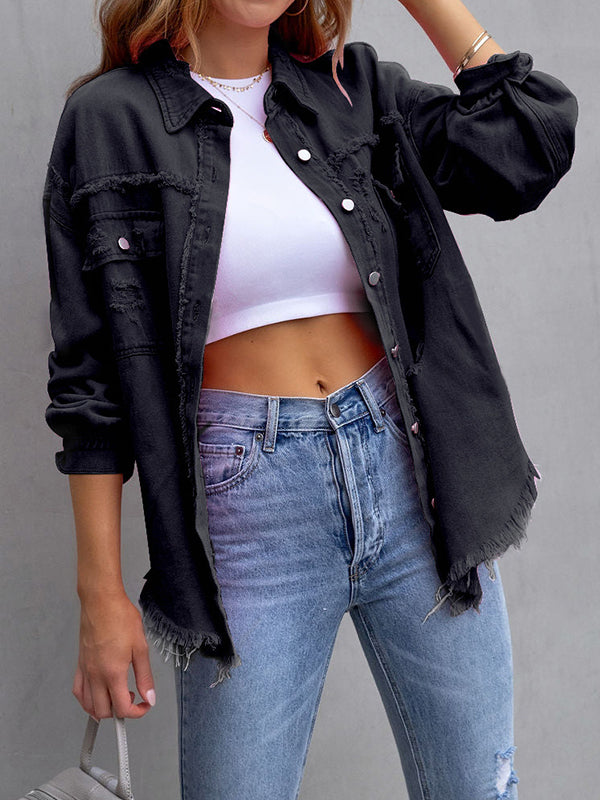 Oversized shirt jacket with frayed edges and chest pockets in black