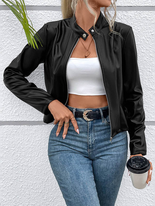 Fitted black faux leather jacket with a stand collar and zip front in black
