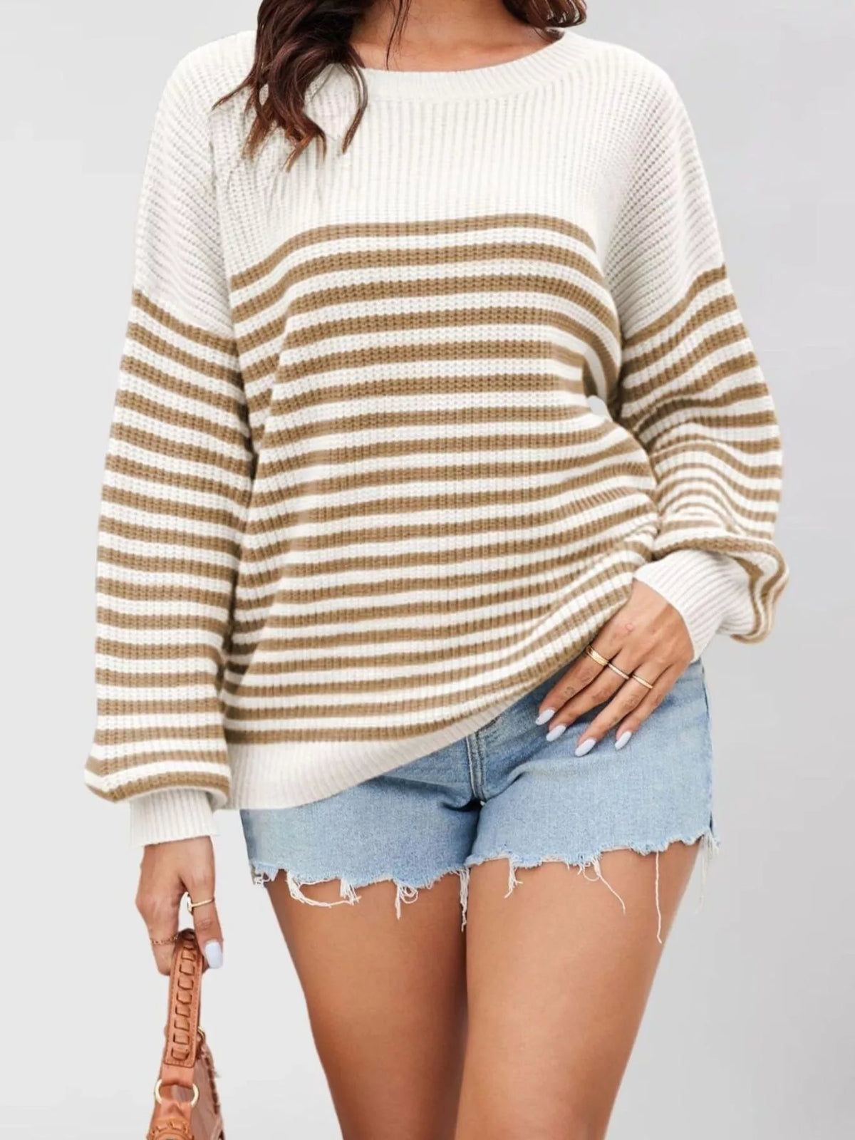 Women's fine stripe knit jumper in Khaki and Cream