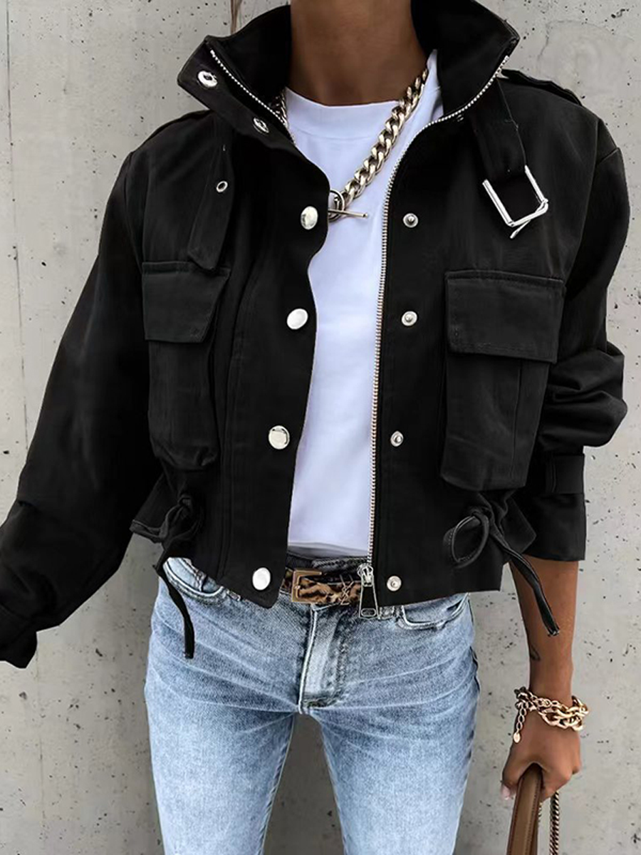 Cropped utility jacket with a stand collar, chest pockets and a drawstring hem in jet black