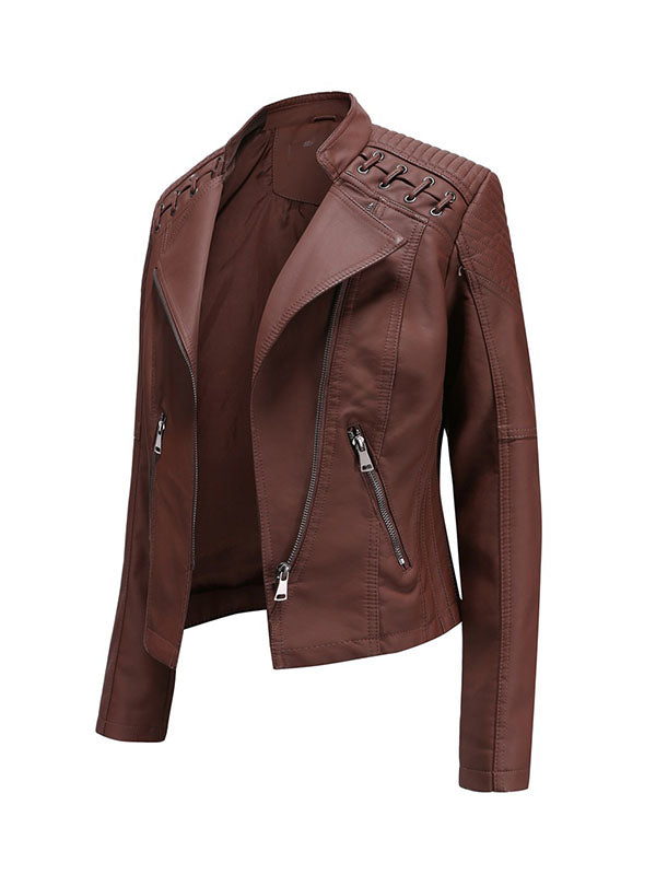 Faux leather biker jacket with lacing across the shoulders