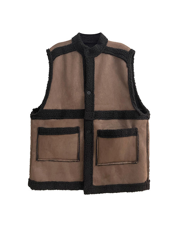 Sleeveless suede-look gilet with a dark faux shearling trim