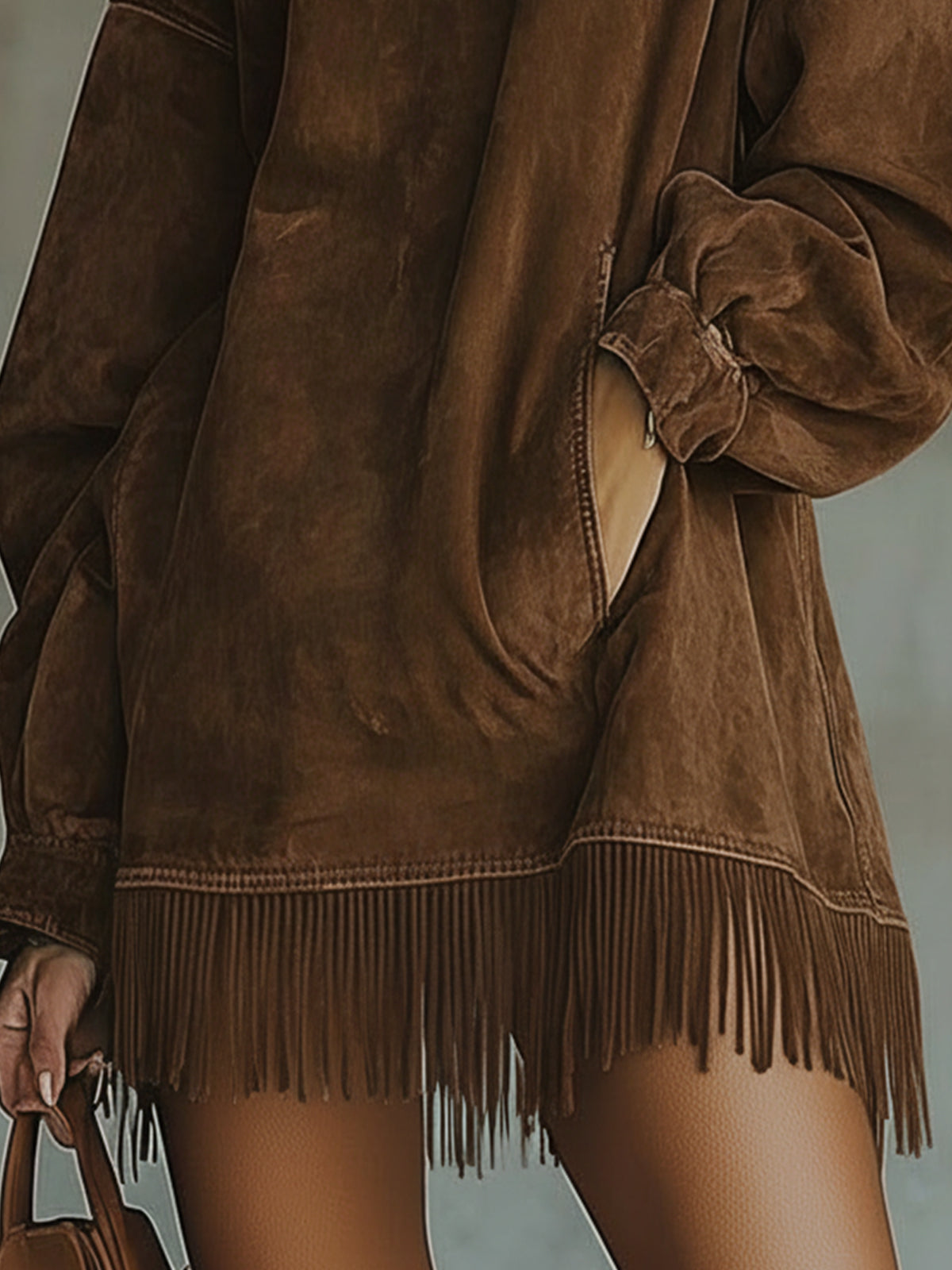 Oversized faux suede dress with fringed hem in Brown