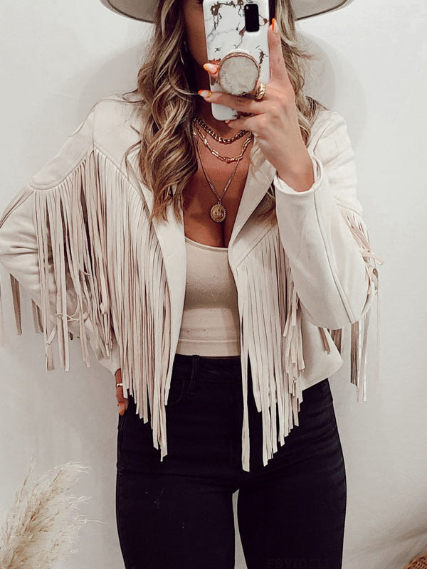Short fringed jacket with a notch lapel and open front in cream