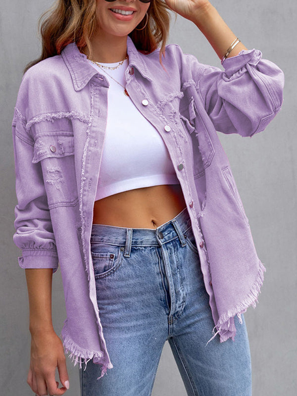 Oversized shirt jacket with frayed edges and chest pockets in purple