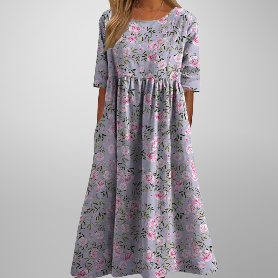 Women's Dress - Relaxed Floral Midi Dress in Light Blue