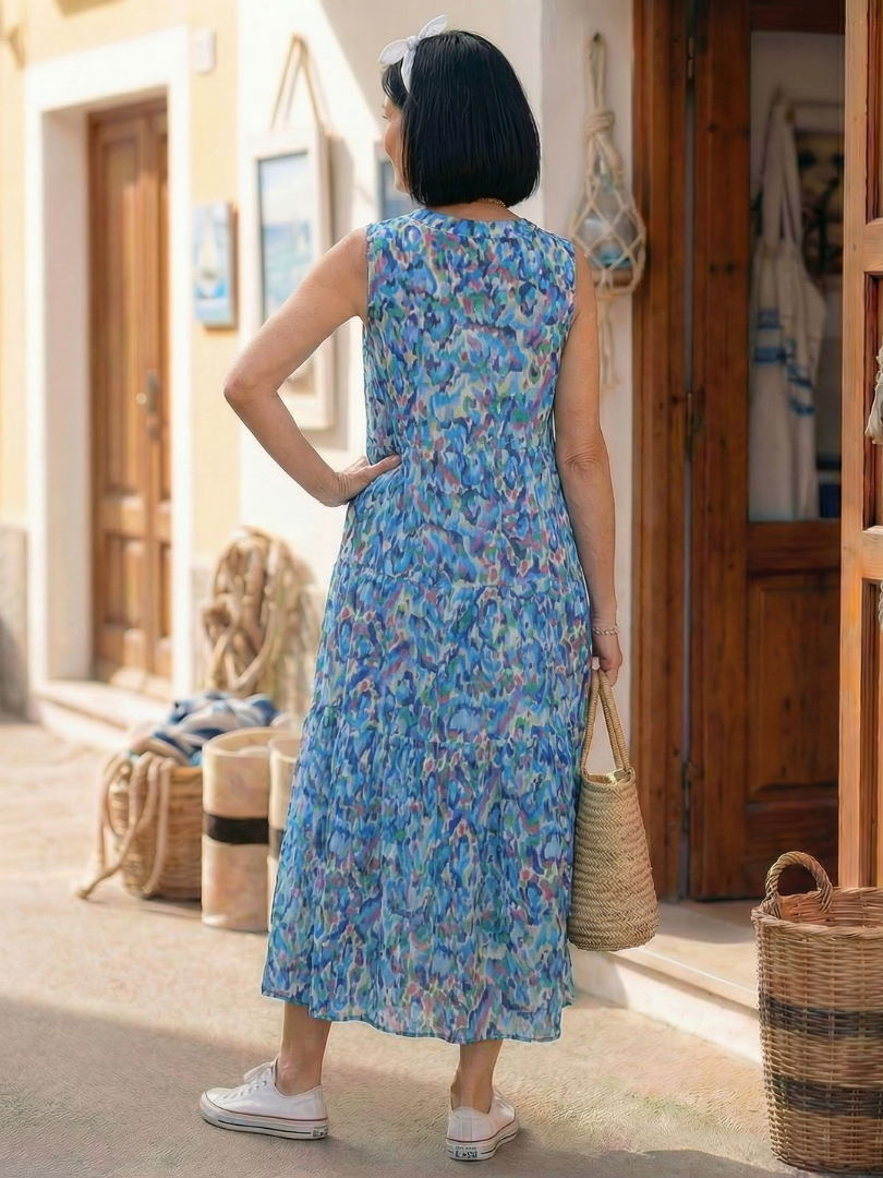 Women's Tiered Midi Dress with Tie Neckline Multicolour – Saint Dor UK – angle view