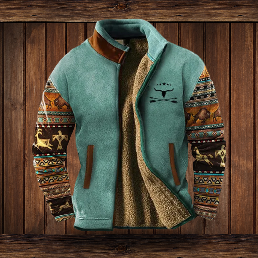 Men's fleece jacket with sherpa lining in Light Blue with Pattern