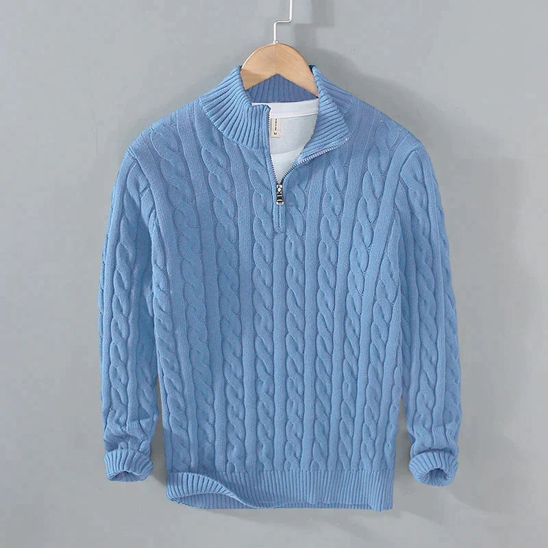 Men's cable knit half-zip jumper in Light Blue