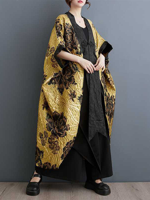 Gold brocade jacket with raised black flowers and batwing sleeves