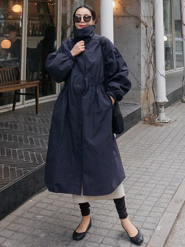 Longline hooded coat with a drawstring waist and deep pockets in navy blue