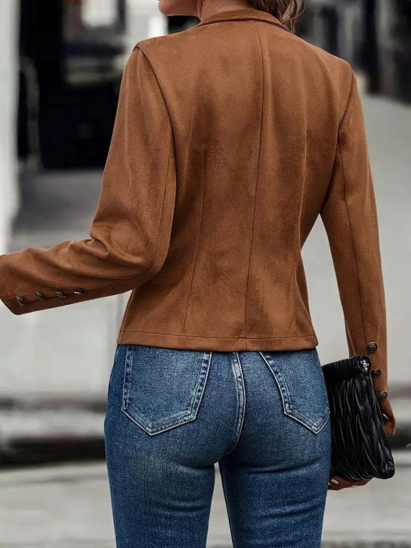 Short suede-look jacket with two rows of small buttons and a round neckline