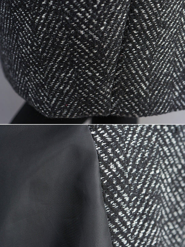 Grey herringbone hooded coat with ribbed cuffs and contrast pocket trims