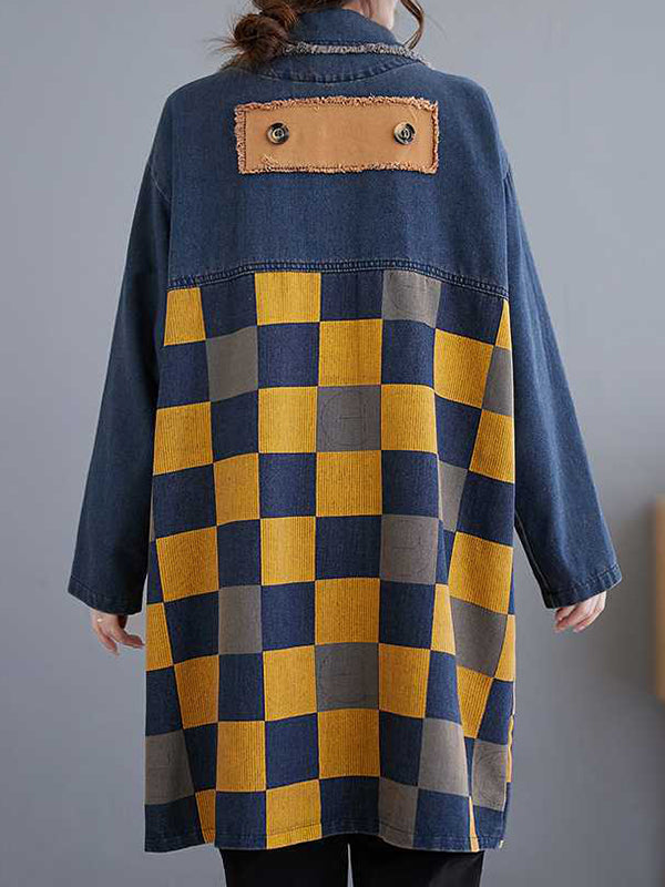 Longline denim jacket with a yellow and navy checkerboard panel