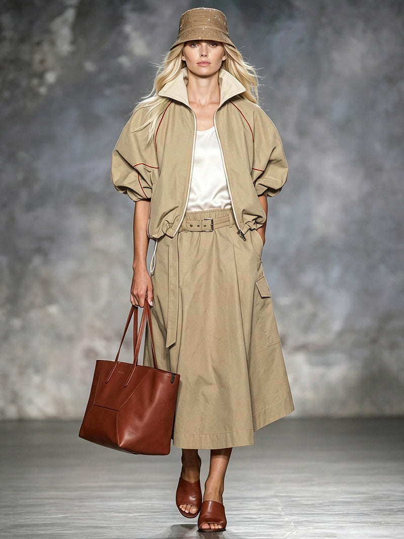 Khaki jacket with rust contrast piping and gathered puff sleeves