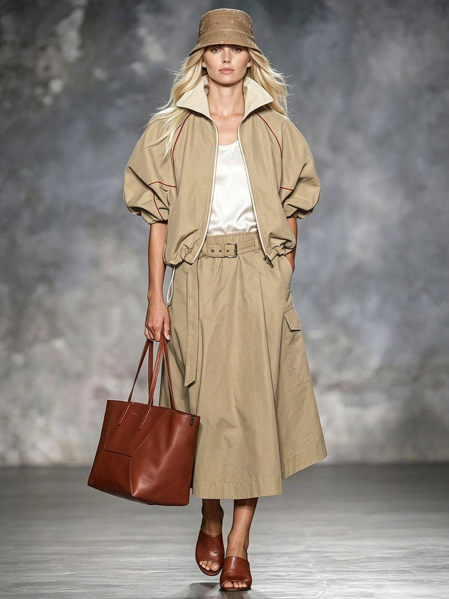 Khaki jacket with rust contrast piping and gathered puff sleeves