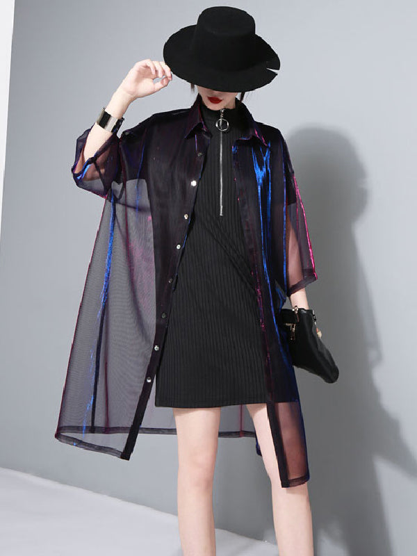 Oversized sheer overshirt with an iridescent finish and short sleeves in fuchsia shimmer