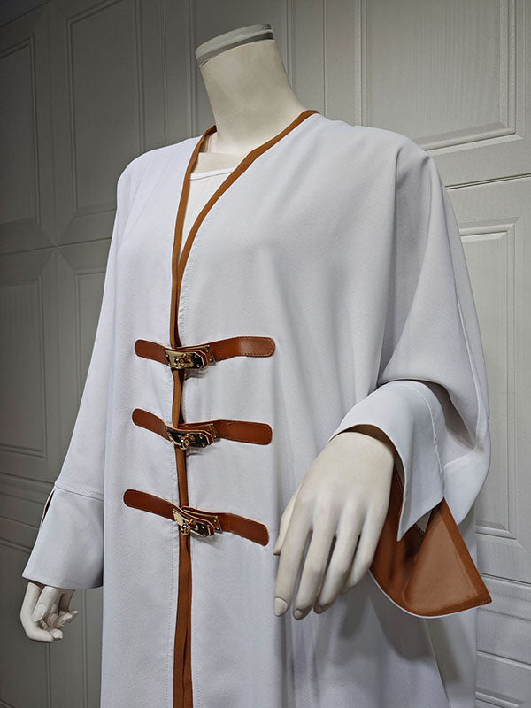 Floor-length open abaya with a contrast facing and gold-tone clasps