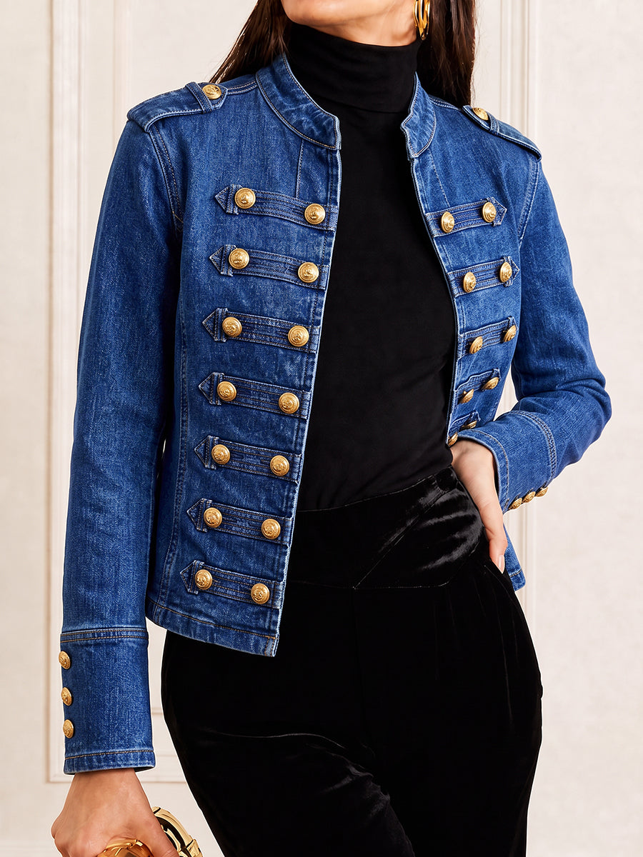 Short denim military jacket with two rows of gold-tone buttons