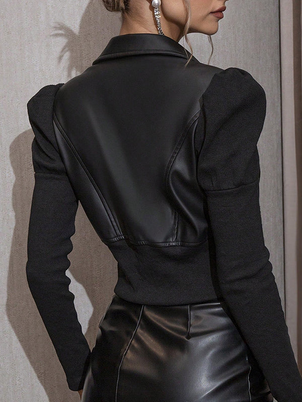 Cropped faux leather jacket with ribbed knit sleeves and a zip front