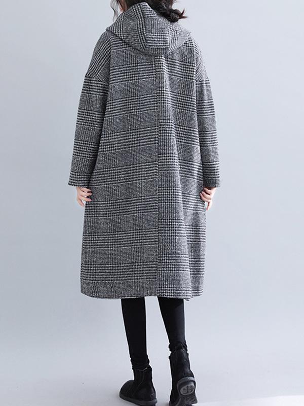 Hooded longline coat in a fine check with two patch pockets
