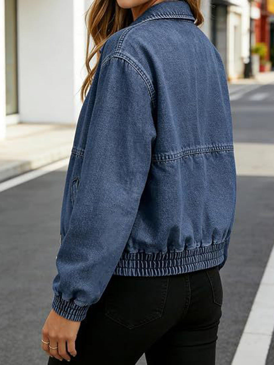 Denim bomber jacket with a zip front and elasticated hem