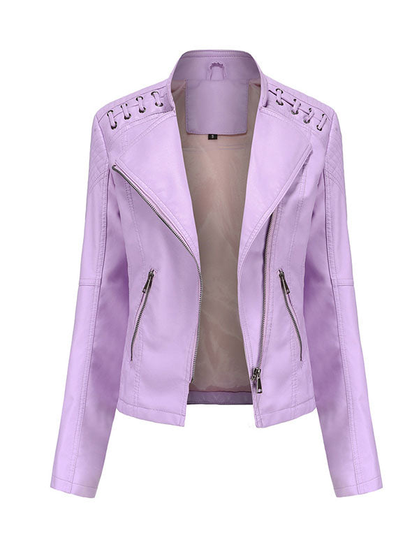 Faux leather biker jacket with lacing across the shoulders
