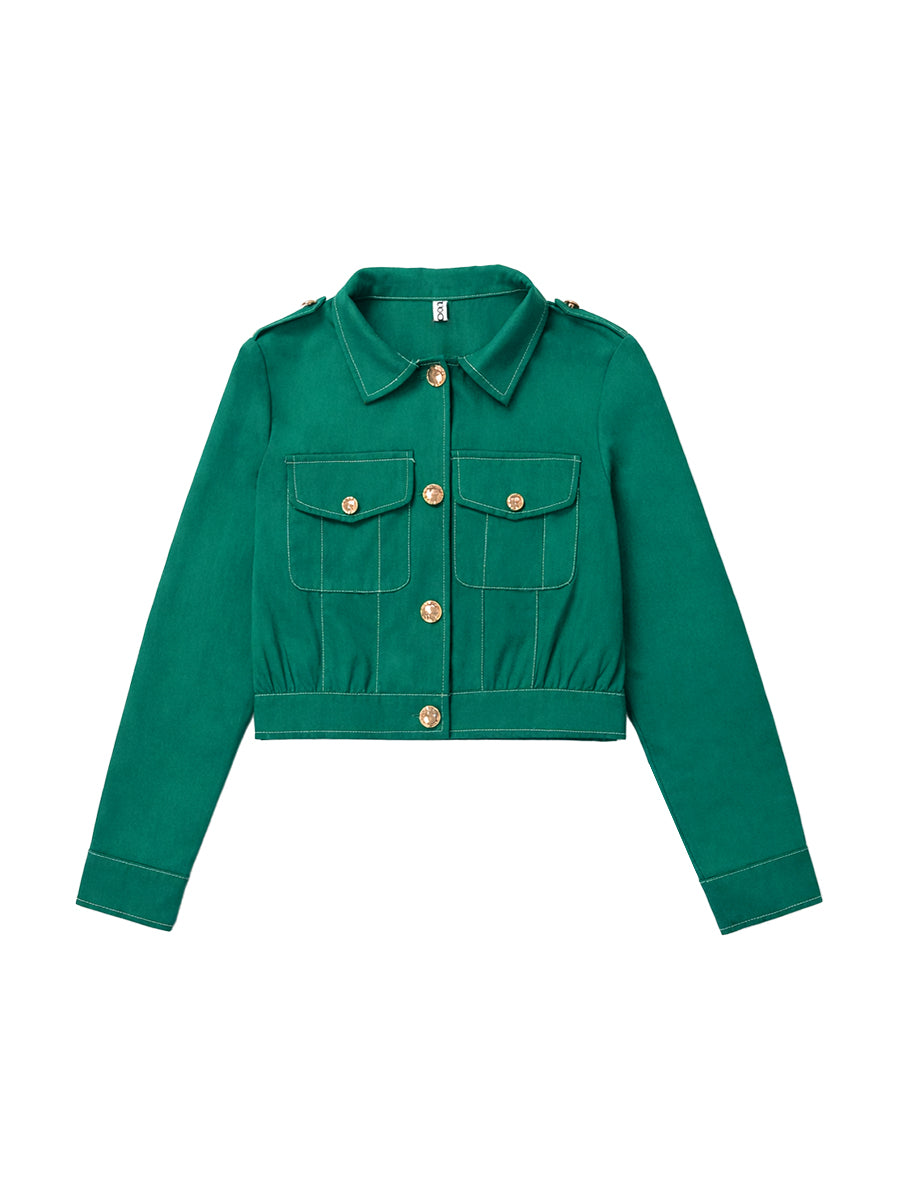 Cropped utility jacket with a lapel collar and flap pockets