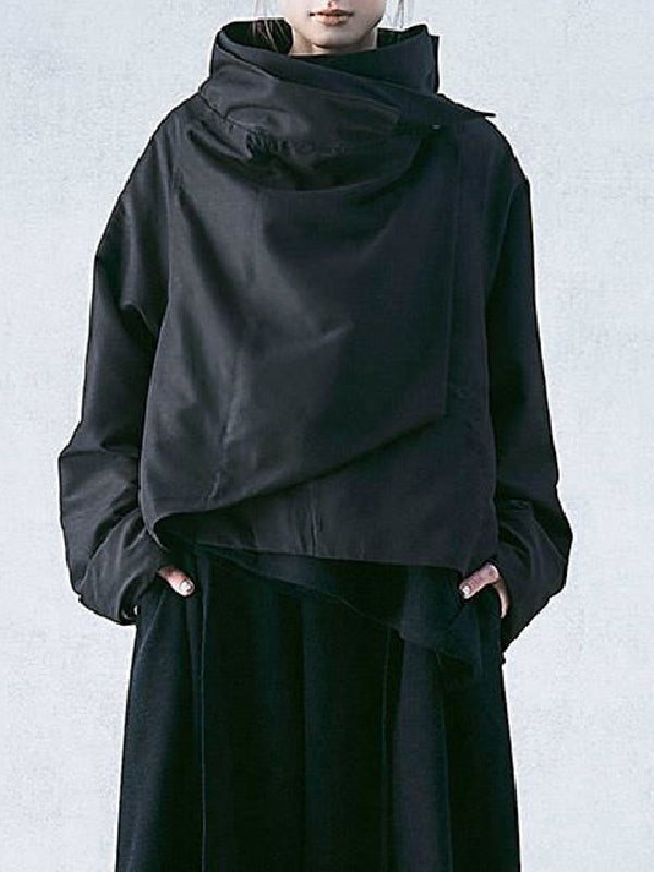 Draped jacket with an asymmetric fold-over front and stand collar in black
