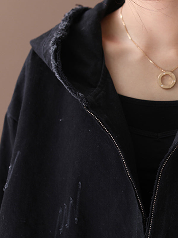 Oversized hooded jacket in washed cotton with frayed seams