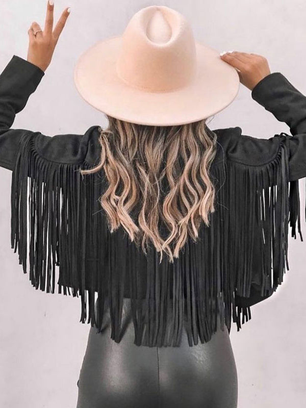 Short fringed jacket with a notch lapel and open front
